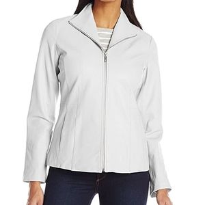 Cole Haan gray leather wing collar full zip jacket